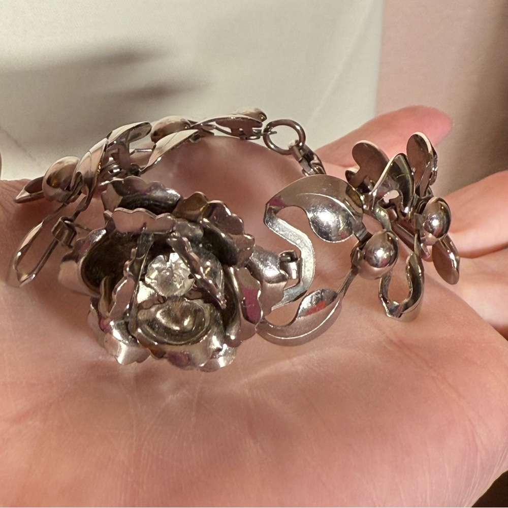Silver Floral Rose Bracelet with Center Crystal - Picture 12 of 16